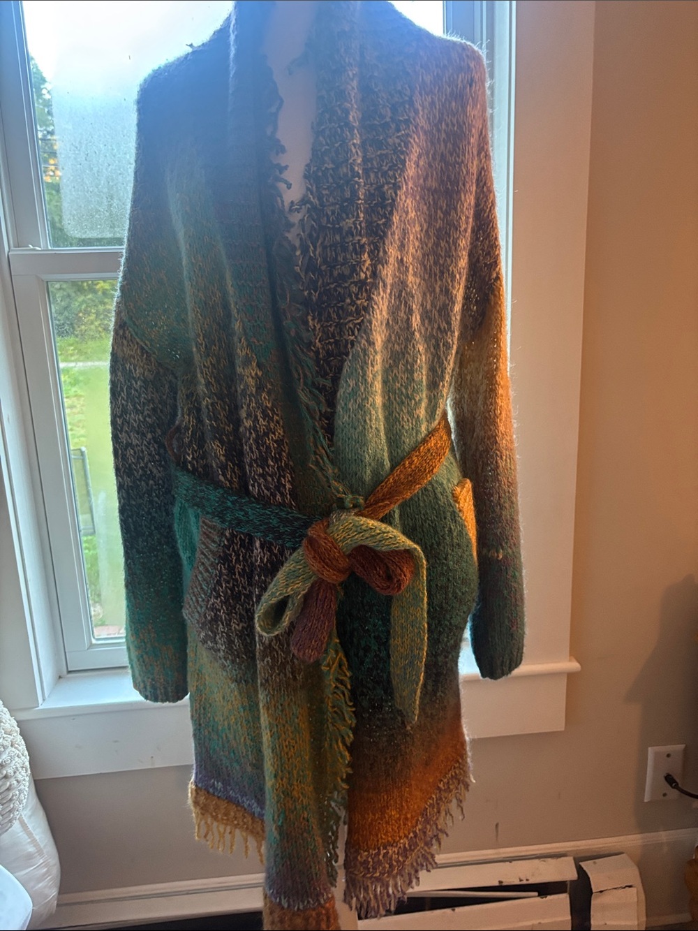 Anthropologie Multicolor Fringe Belted Cardigan in Teal, Rust, Green